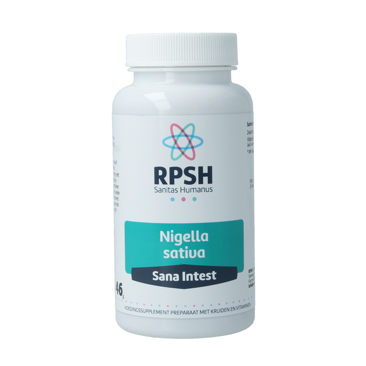 RPSH Sana Intest Nigella sativa capsules, herbal supplement from RPSH, featuring black cumin seeds in a bottle.