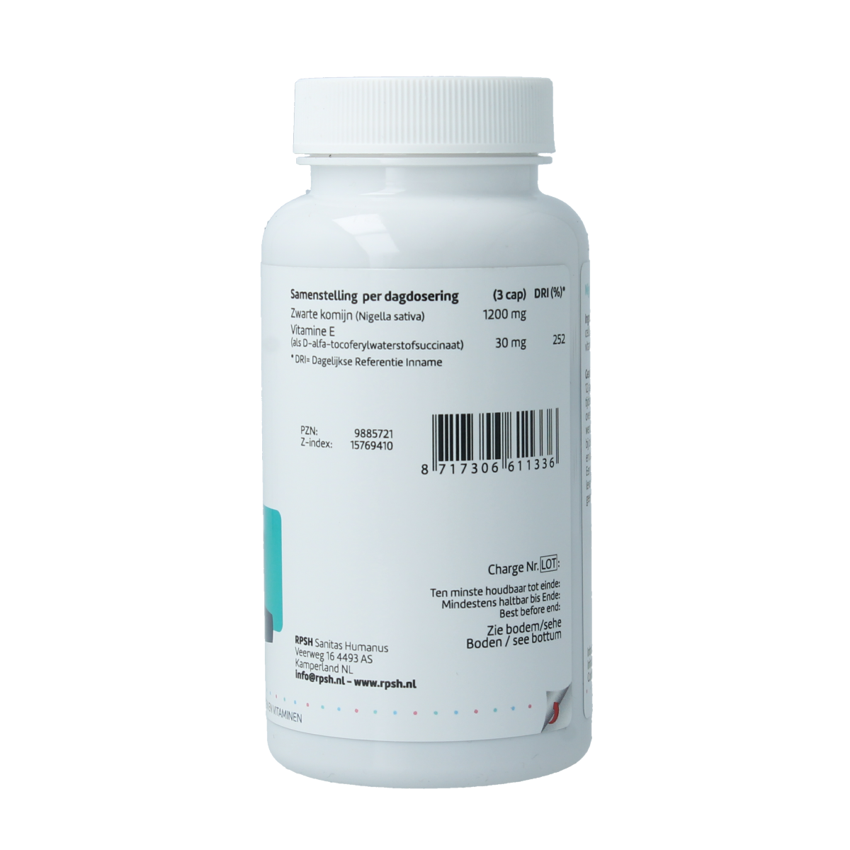 RPSH Sana Intest Nigella sativa capsules, herbal supplement in a bottle, showcasing black cumin seeds for digestive health.