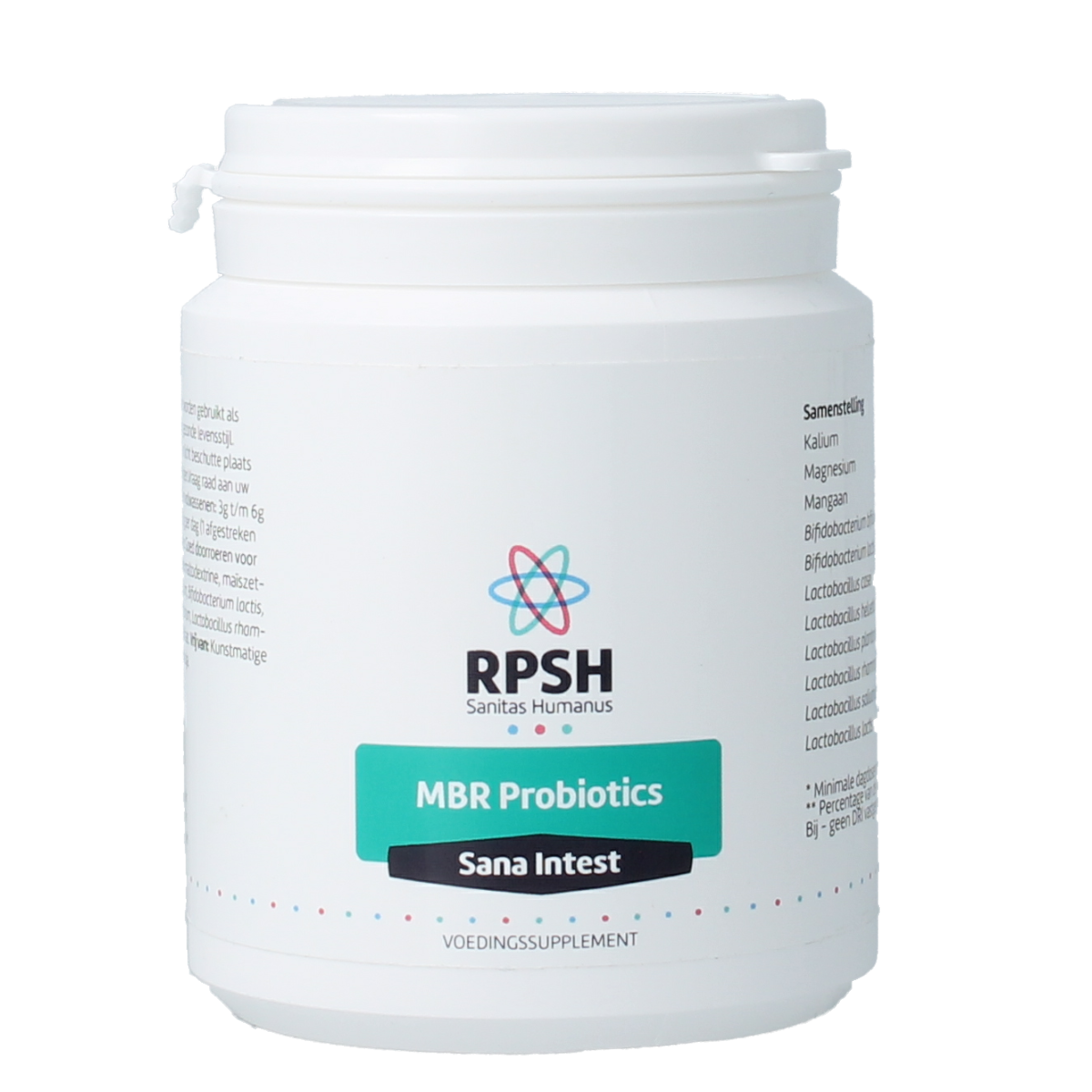 RPSH Sana Intest Micro-organisms probiotic supplement in 119g jar, showing the product container and label.