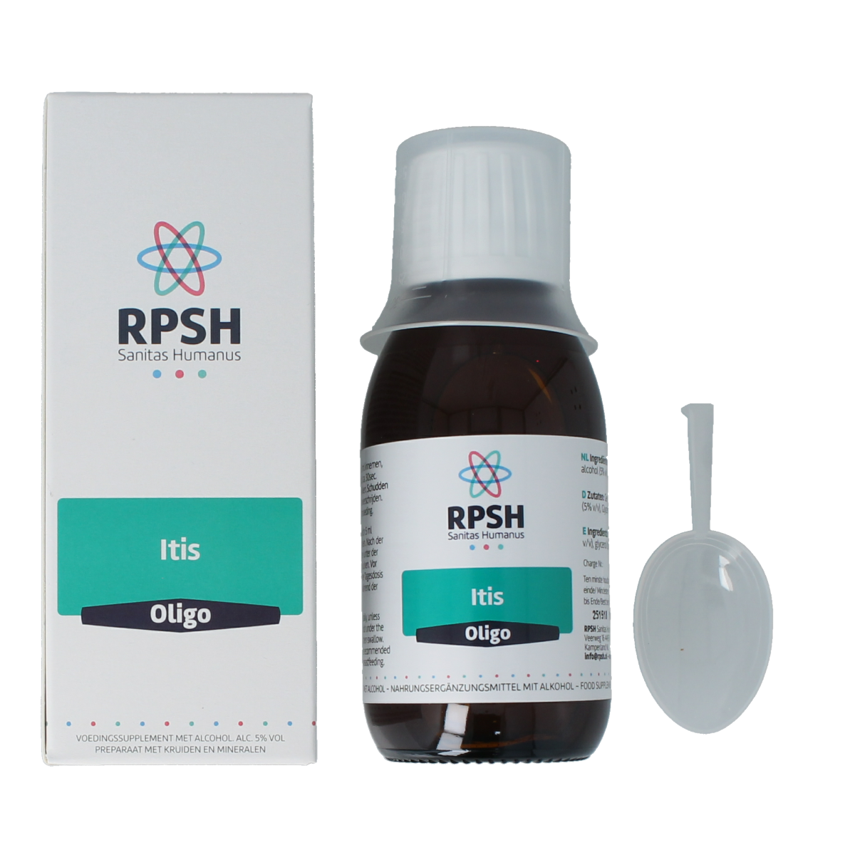 RPSH Oligo Itis herbal supplement bottle, 120ml, natural herbal remedy for immune support, featuring a white label and green cap.