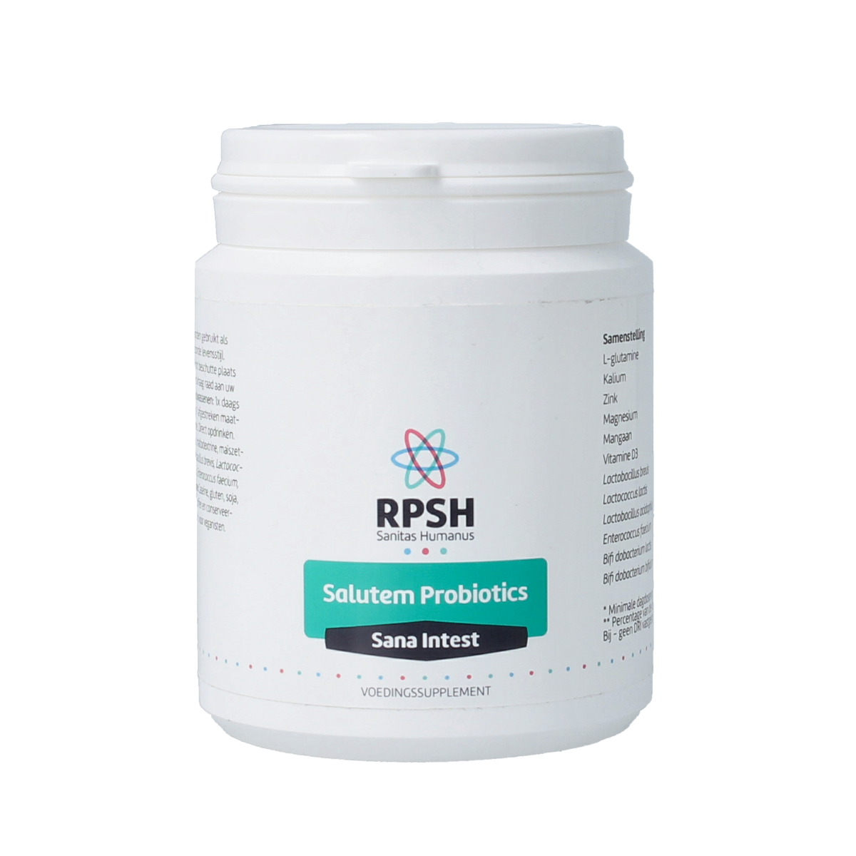 RPSH Sana Intest Salutem Probiotics micro-organisms supplement, 110g container showing probiotic capsules or powder.