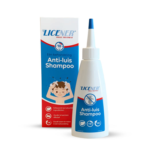 Licener Anti-Luis shampoo bottle, 100ml, for hair care, featuring a white and blue label with brand logo and product details.