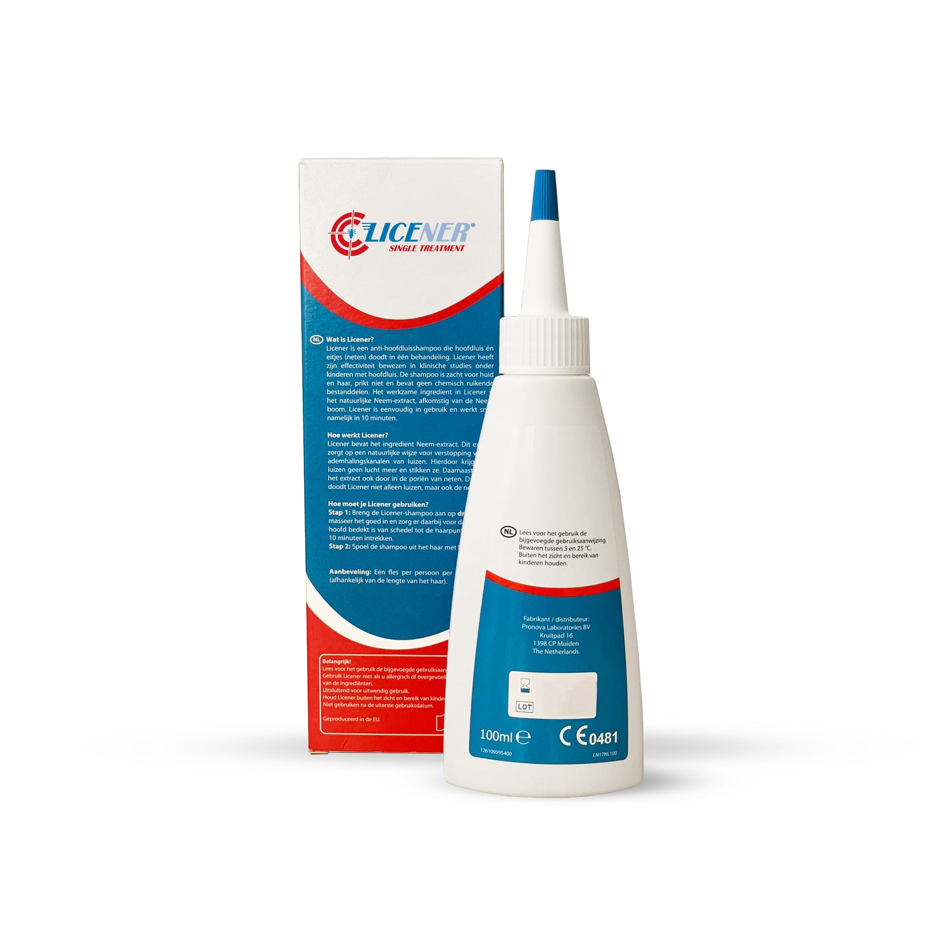 Licener Anti-Luis shampoo bottle, 100ml, for hair care, with a white and blue label and clear plastic packaging.