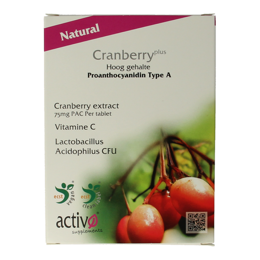 Activo Cranberry Plus herbal supplement tablets in a bottle, natural kruidenpreparaten for urinary health.