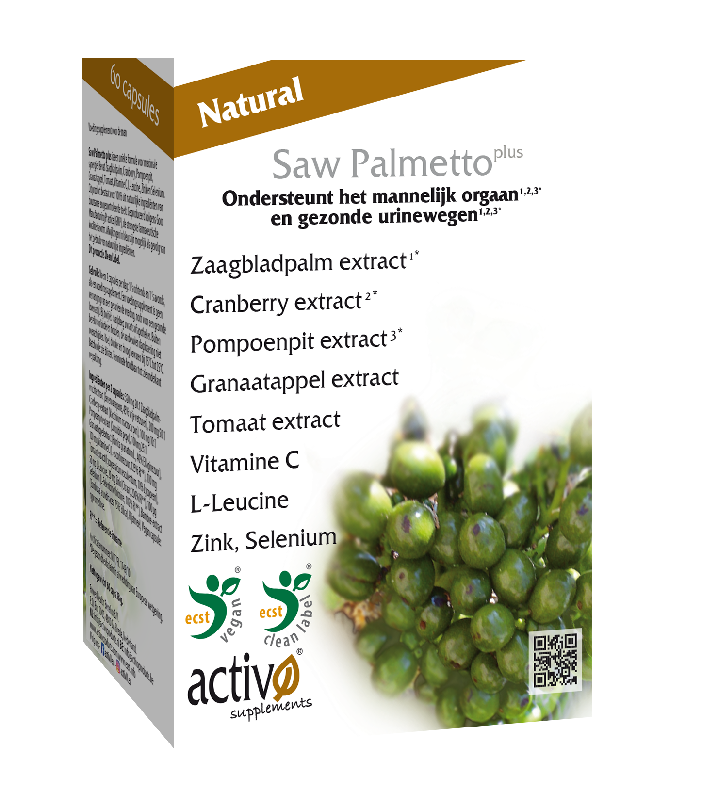 Activo Saw Palmetto Plus herbal capsules for men, 60 vegetarian capsules, dietary supplement in a clear bottle.
