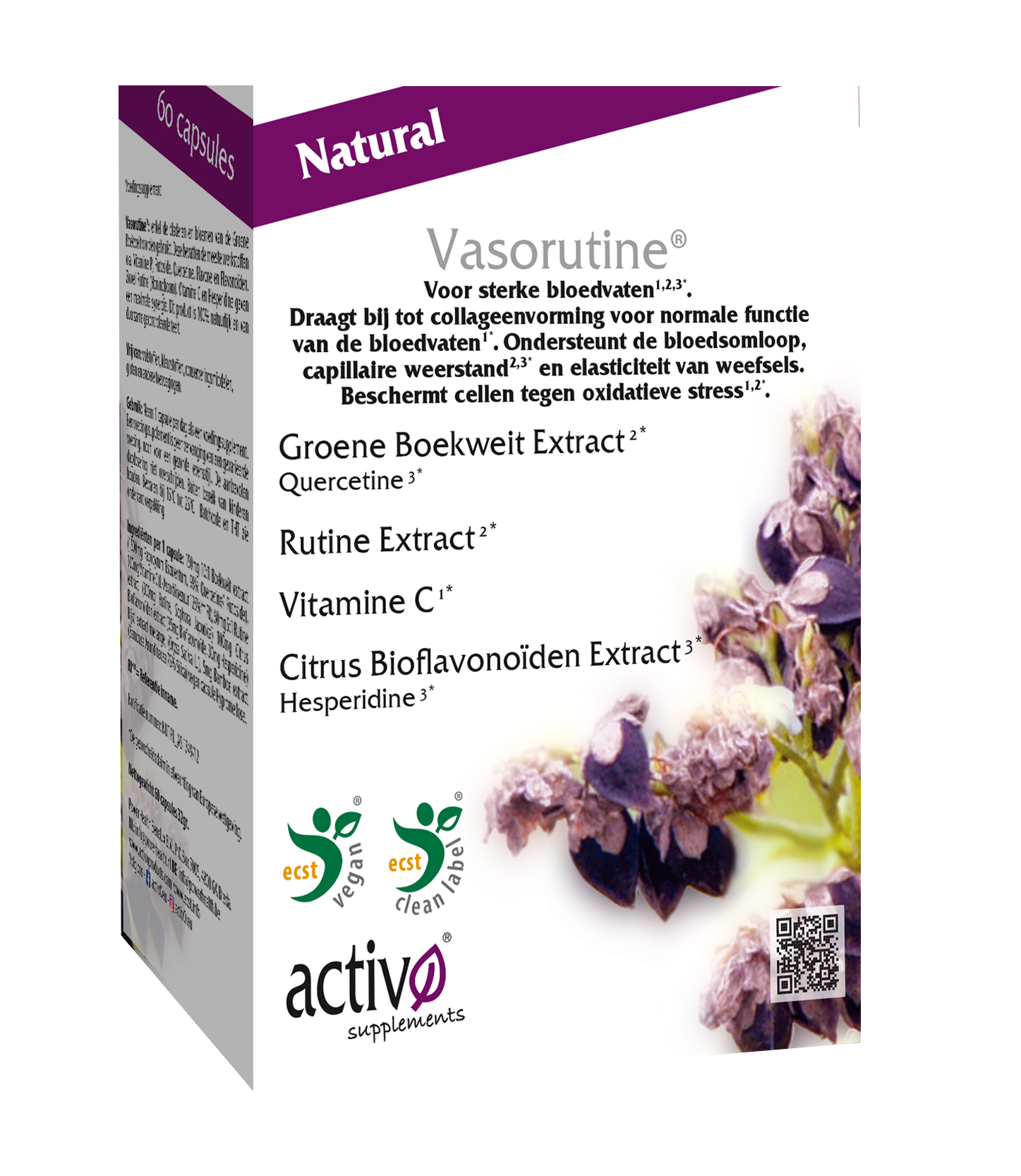 Activo Vasorutine 60 vegetarian herbal capsules in a clear bottle with a label, designed for supporting vascular health.