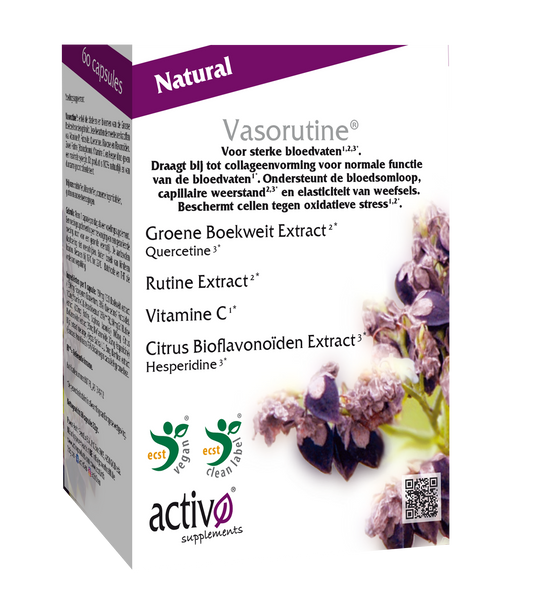 Activo Vasorutine 60 vegetarian herbal capsules in a clear bottle with a label, designed for supporting vascular health.