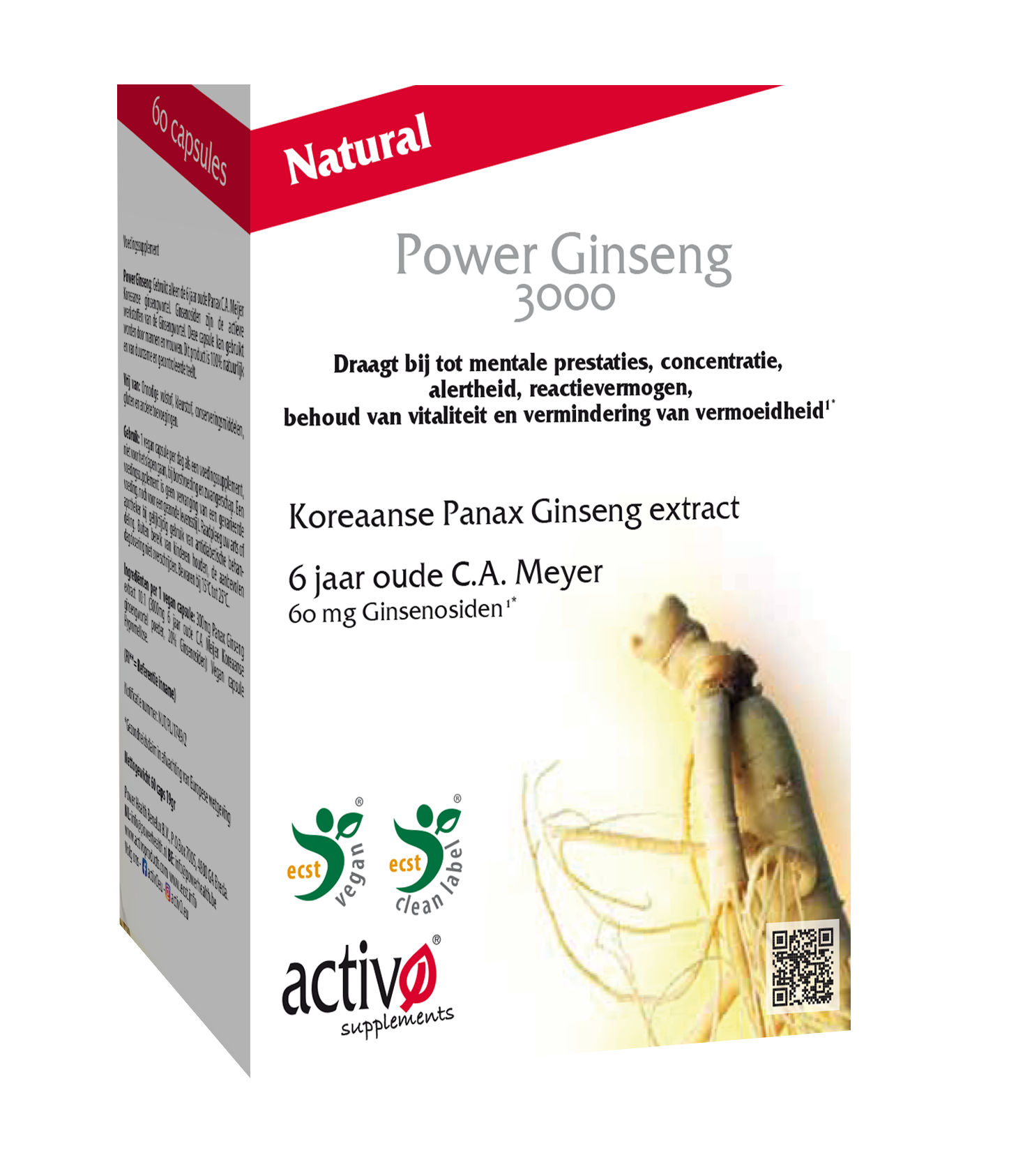 Activo Power Ginseng 3000 vegetarian capsules in a bottle, herbal supplement by Activo for energy and vitality.