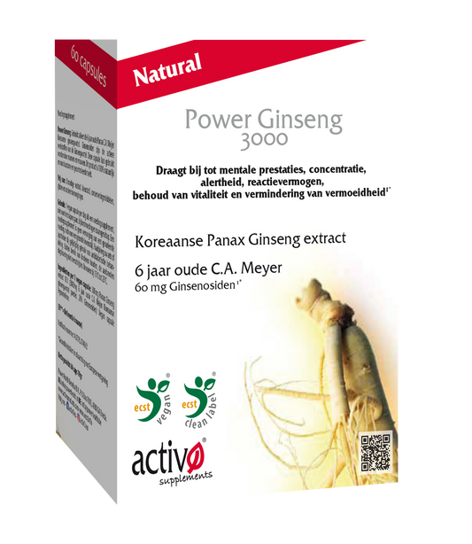 Activo Power Ginseng 3000 vegetarian capsules in a bottle, herbal supplement by Activo for energy and vitality.