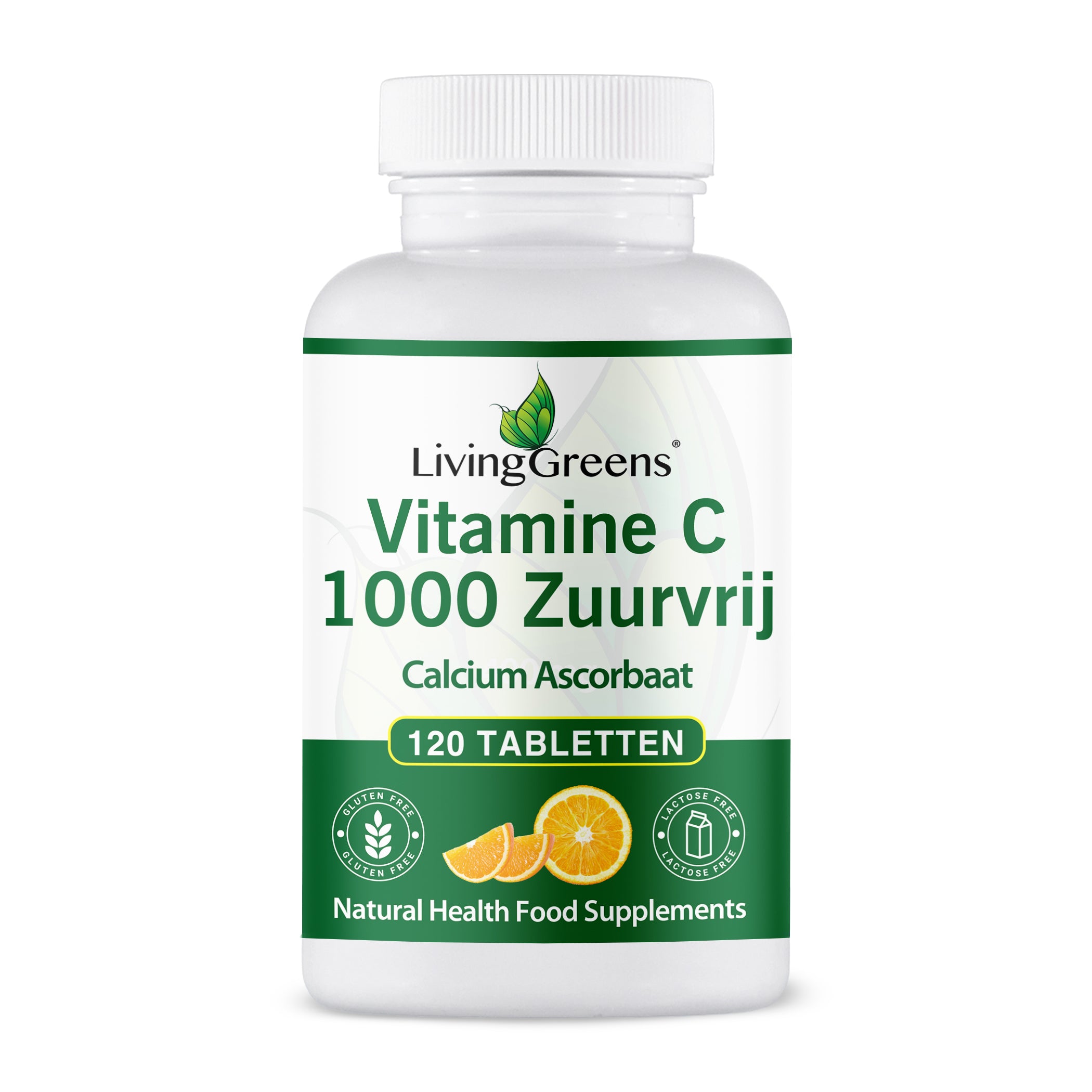 Livinggreens Vitamine C 1000 zuurvrij supplement in a bottle with 120 tablets, natural vitamin C source for immune support.