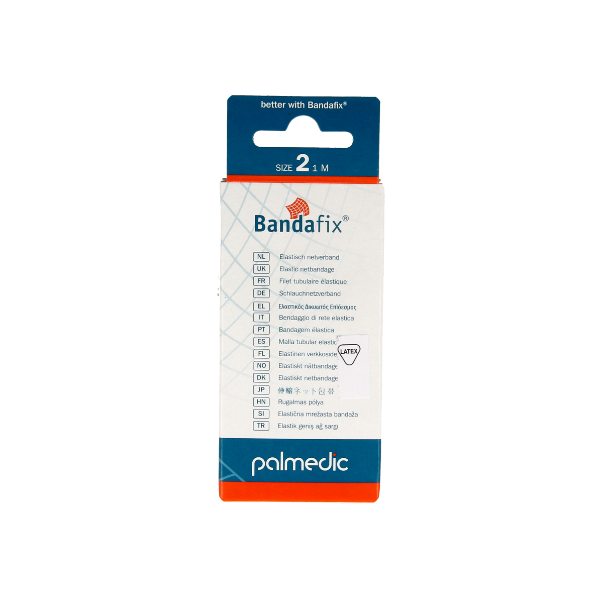 Bandafix Nr. 2 elbow bandage, 1 meter length, sterile medical elastic wrap for supporting and compressing injuries.