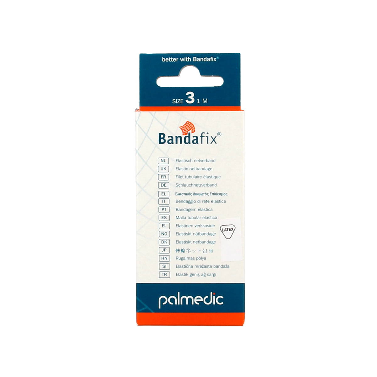Bandafix Nr. 3 knee bandage, 1 meter, for support and compression, shown in the image with its packaging and medical use.