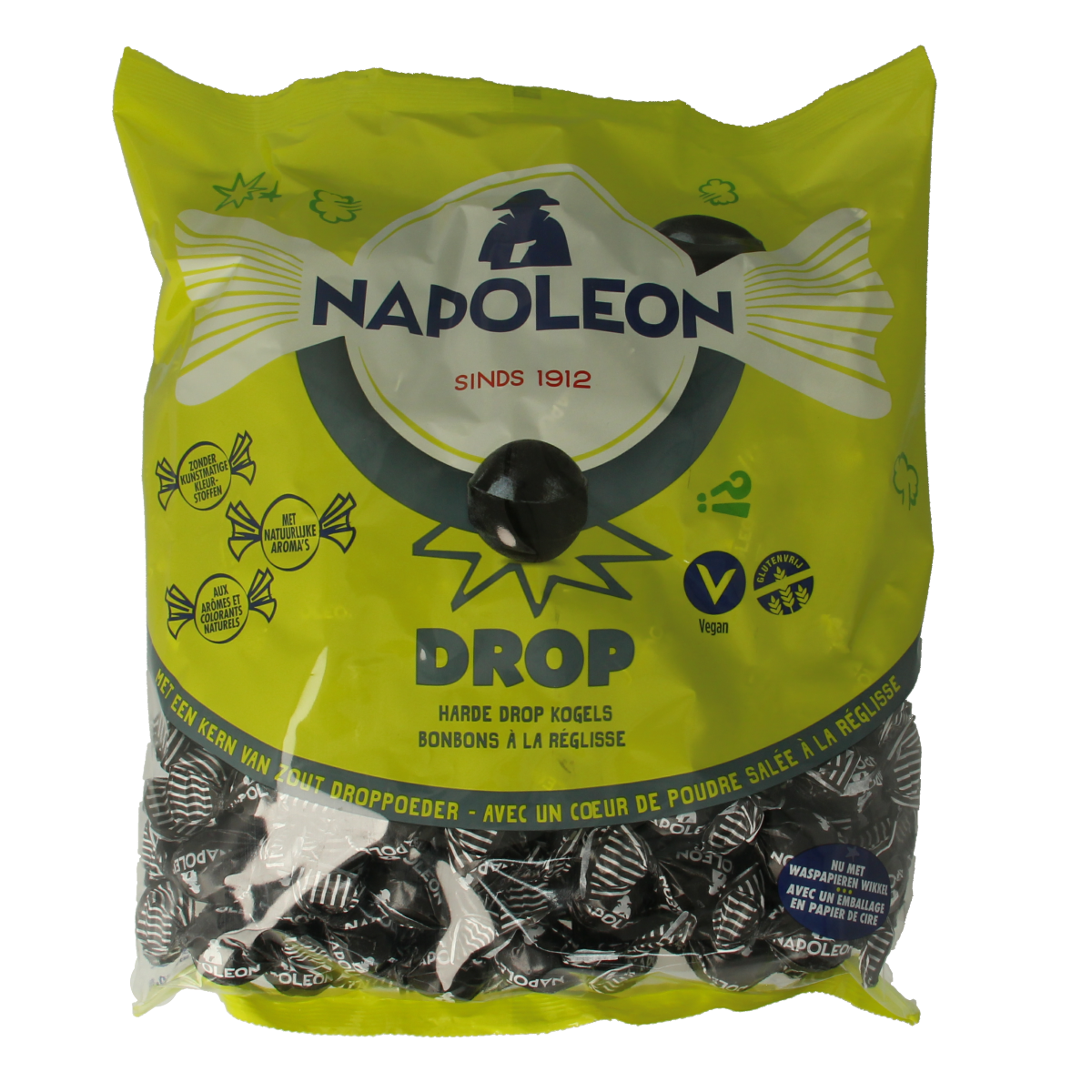 Napoleon Drop kogels, 1kg, colorful candy treats from Napoleon brand, showcasing glossy, round sweets in a clear container.