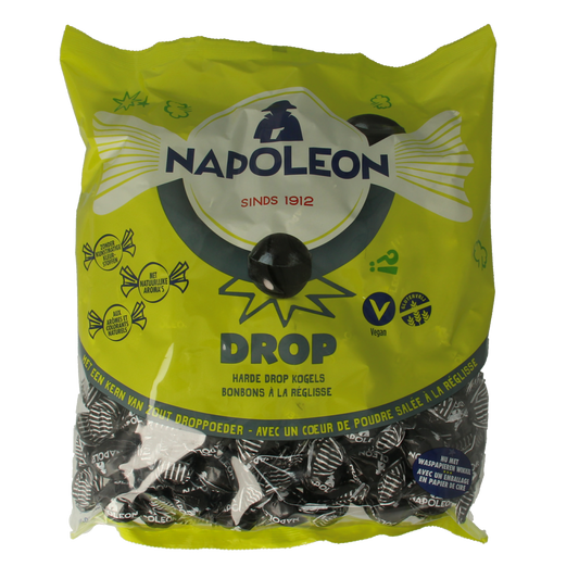 Napoleon Drop kogels, 1kg, colorful candy treats from Napoleon brand, showcasing glossy, round sweets in a clear container.
