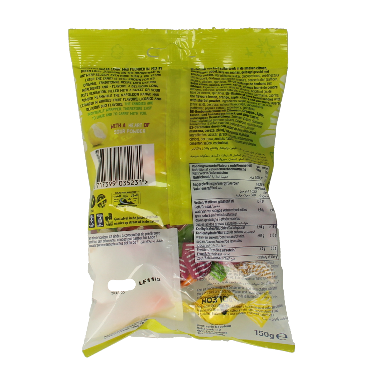 Napoleon Fruitmix kogels, colorful candy sweets in a clear container, 150 grams, from Napoleon snoepgoed collection.