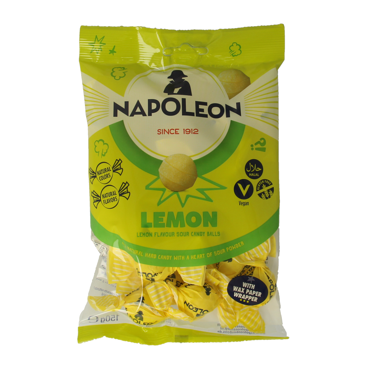 Napoleon Citroen kogels, 150g lemon-flavored candy balls from Napoleon snoepgoed in a clear container.