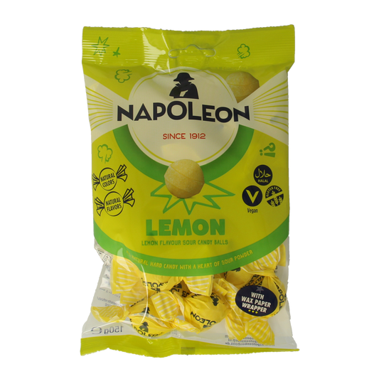 Napoleon Citroen kogels, 150g lemon-flavored candy balls from Napoleon snoepgoed in a clear container.