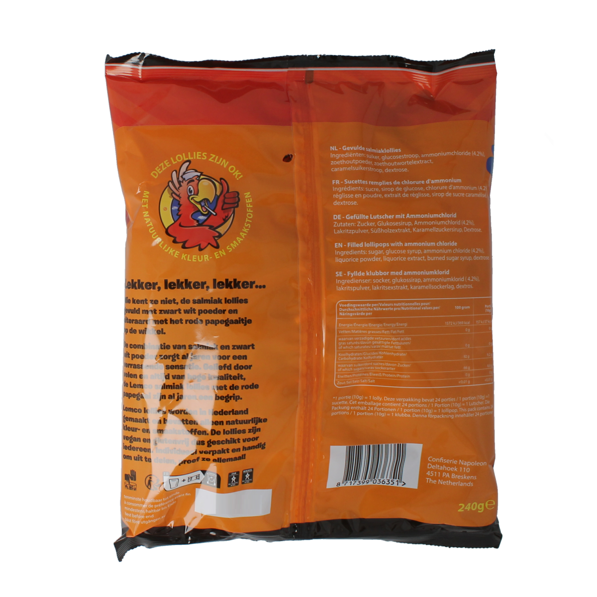 Lemco Salmiak lollies, salty licorice candies from Lemco, in a 240g package, shown in the image.