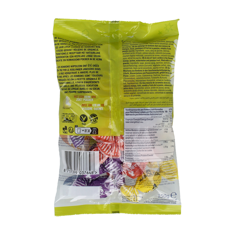 Napoleon Tropische vruchten kogels in 150g package, colorful fruit-flavored candy coated sweets, vibrant and appealing.