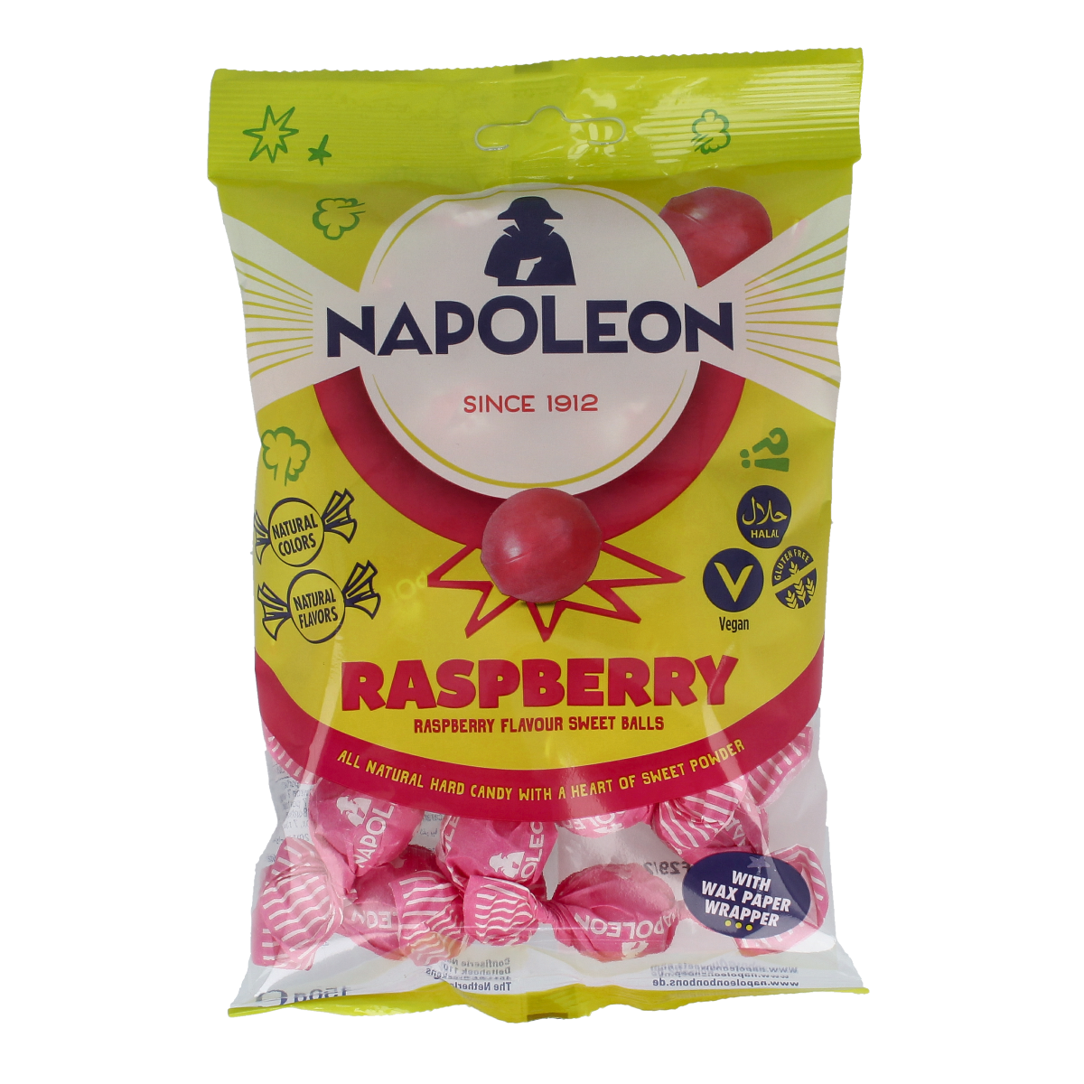 Napoleon Framboos kogels, 150g, raspberry-flavored candy from Napoleon snoepgoed in colorful packaging.