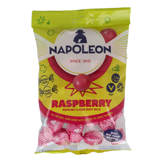 Napoleon Framboos kogels, 150g, raspberry-flavored candy from Napoleon snoepgoed in colorful packaging.