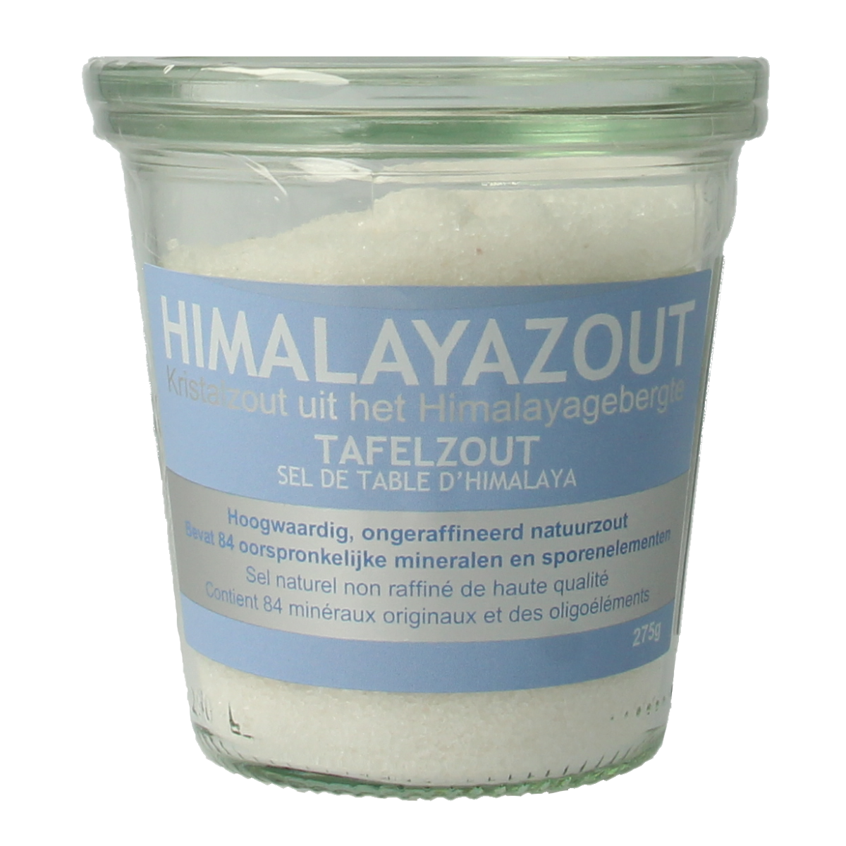 Esspo Himalayazout tafelzout wit fijn in glas, 275g, for seasoning and cooking, shown in a clear glass jar.