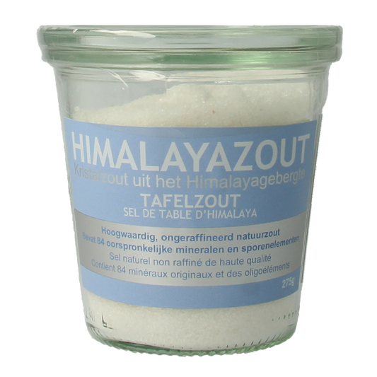 Esspo Himalayazout tafelzout wit fijn in glas, 275g, for seasoning and cooking, shown in a clear glass jar.