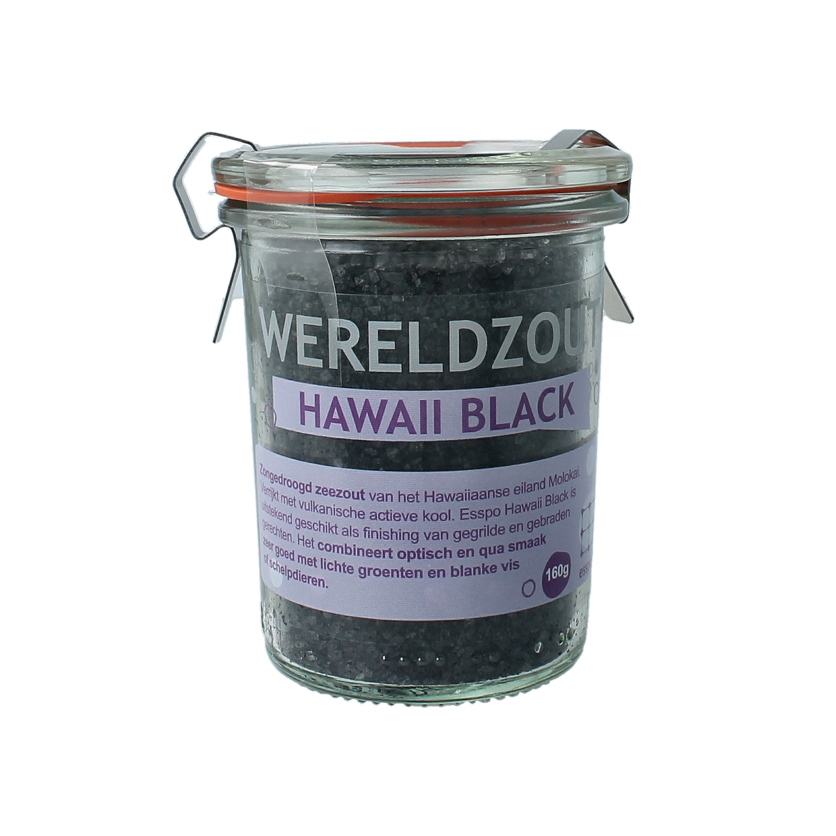 Esspo Wereldzout Hawaii black sea salt in glass jar, 160 grams, used for cooking and seasoning.
