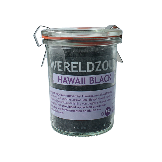 Esspo Wereldzout Hawaii black sea salt in glass jar, 160 grams, used for cooking and seasoning.
