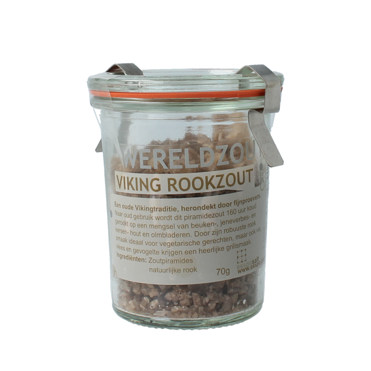 Esspo Wereldzout Viking rookzout in glas jar, 70g, a flavorful smoked sea salt for cooking and seasoning.