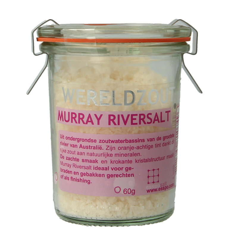 Esspo Murray River Salt in a 60g glass jar, natural pink salt crystals for culinary use, part of Esspo's kruiden en zout assortiment.