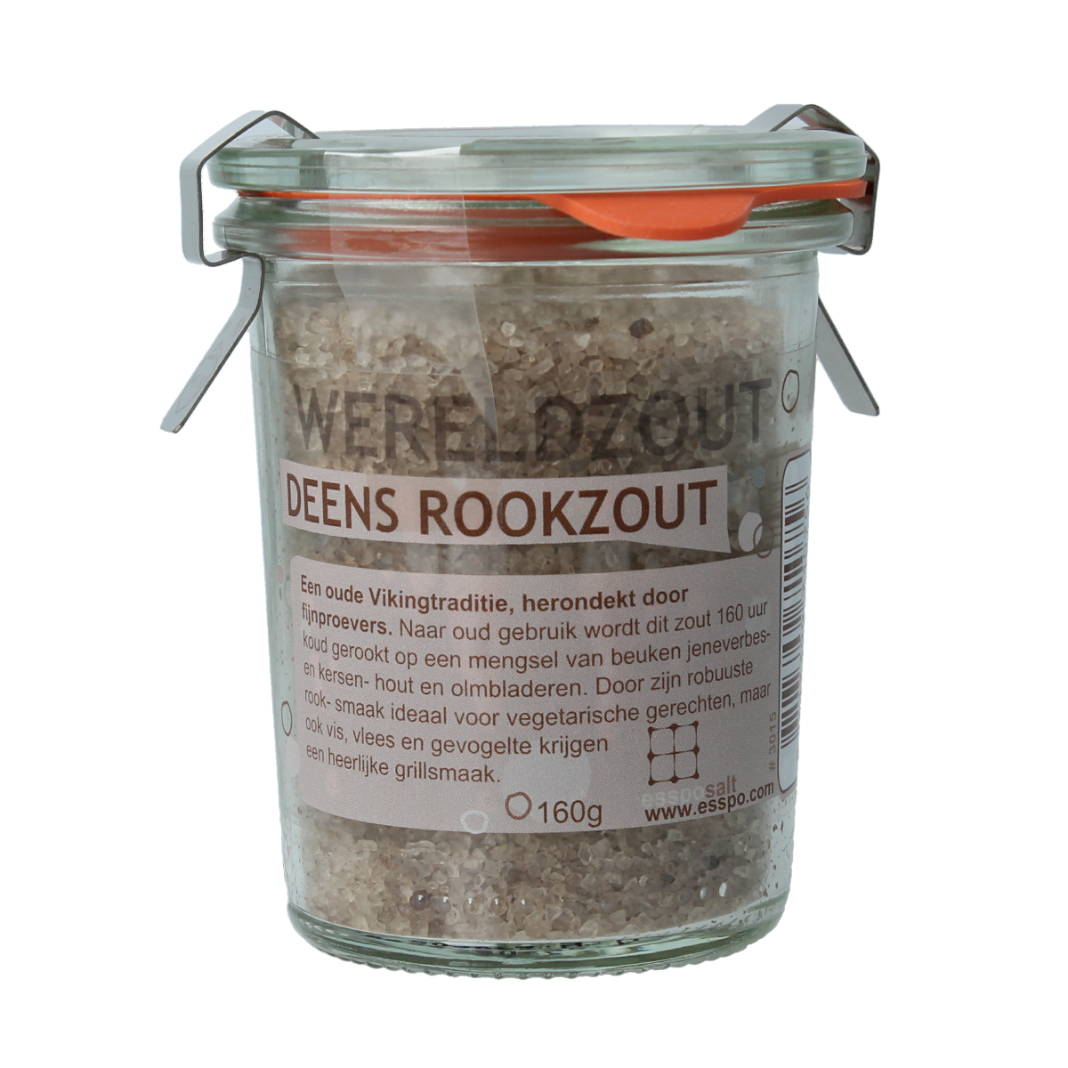 Esspo Wereldzout Deens Rookzout in glas jar, 160g, used for seasoning and cooking, part of kruiden en maaltijdmixen collection.