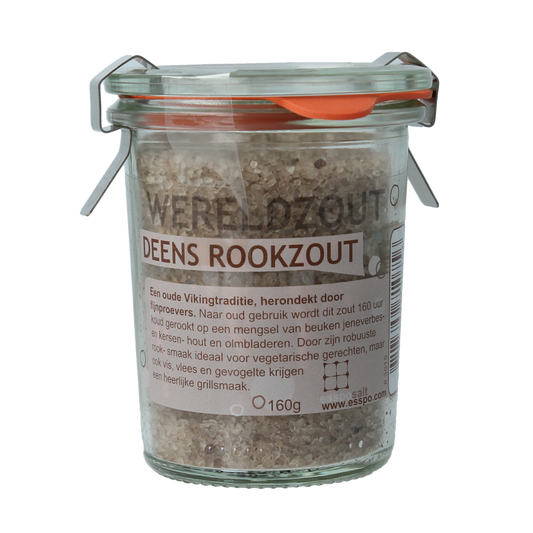 Esspo Wereldzout Deens Rookzout in glas jar, 160g, used for seasoning and cooking, part of kruiden en maaltijdmixen collection.
