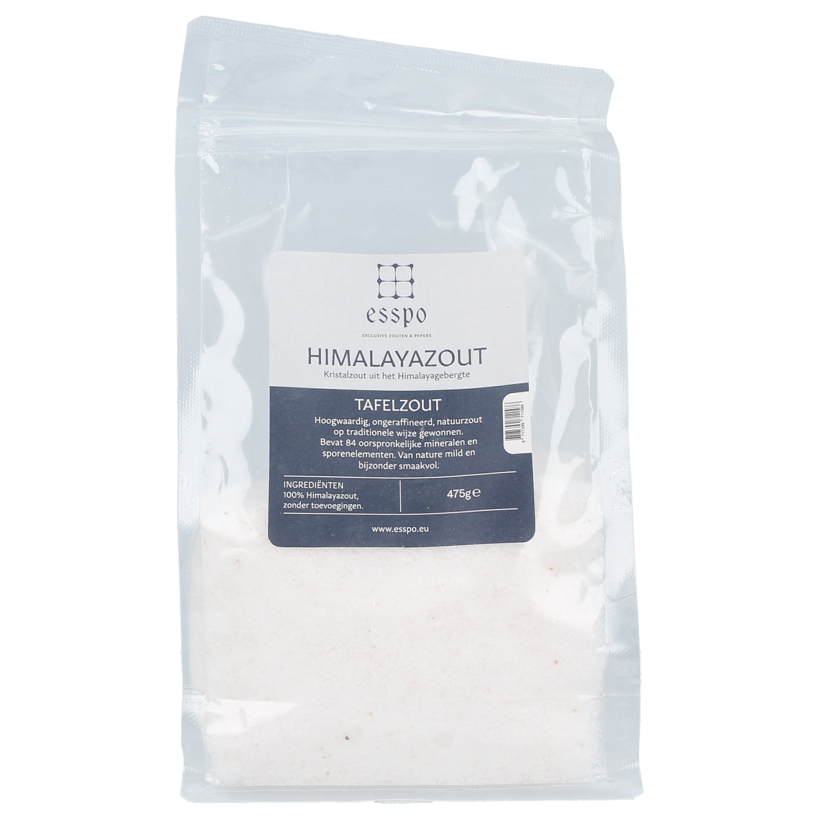 Esspo Himalayazout tafelzout wit in fijne navulverpakking, 475 gram, suitable for seasoning and cooking.