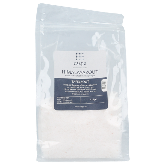 Esspo Himalayazout tafelzout wit in fijne navulverpakking, 475 gram, suitable for seasoning and cooking.