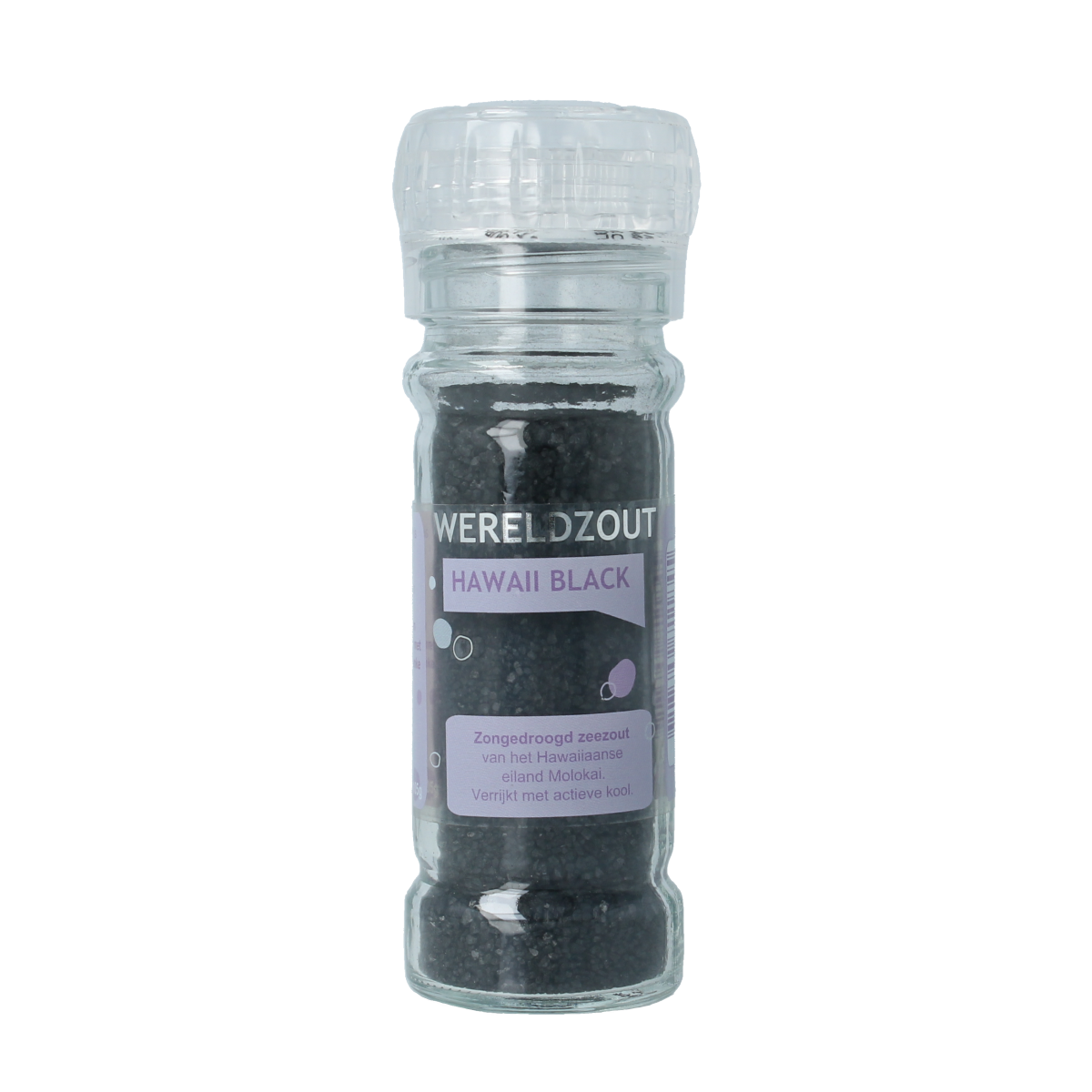 Esspo Wereldzout Hawaii Black molen containing 105g of volcanic black salt for cooking and seasoning.