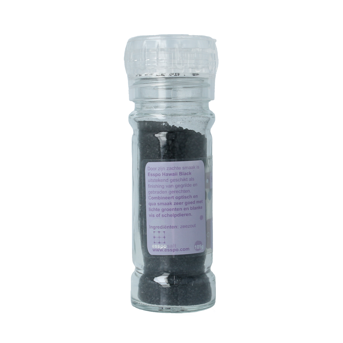 Esspo Wereldzout Hawaii Black in a 105g grinder, featuring rich black Hawaiian sea salt for culinary use.