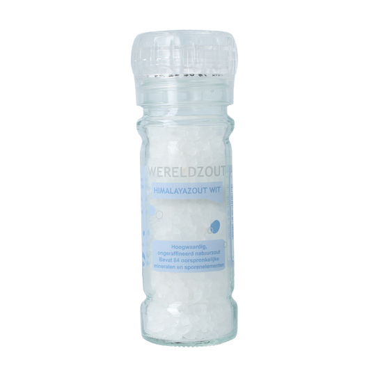 Esspo Himalayazout in a white refillable salt grinder, 105 grams, used for cooking and seasoning in spice and salt blends.