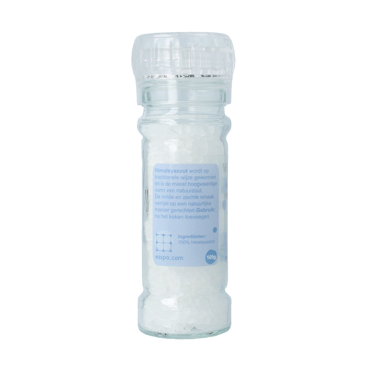 Esspo Himalayazout molen with refillable design, 105g, white Himalayan salt for cooking and seasoning, natural mineral-rich salt