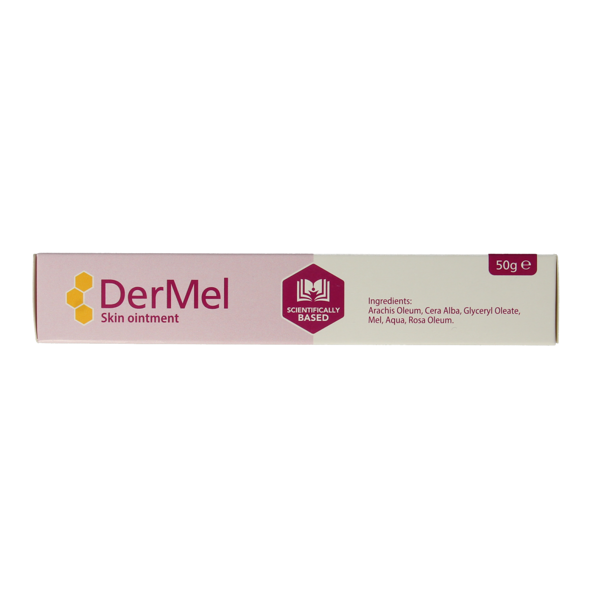 Cream tube of Dermel Wondhuidzalf 50g for skin healing and body care, with the product label visible on the packaging.