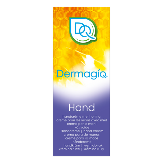 Dermagiq Handverzorging in 100ml tube, smooth cream for nourishing and moisturizing hands, shown with product packaging and applicator.