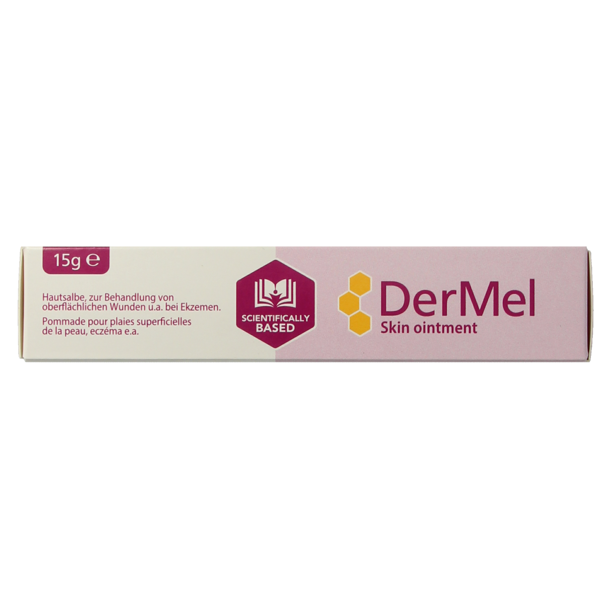 Dermel Wondhuidzalf 15g, a body skincare cream with soothing properties, shown in a tube with a white and blue label.