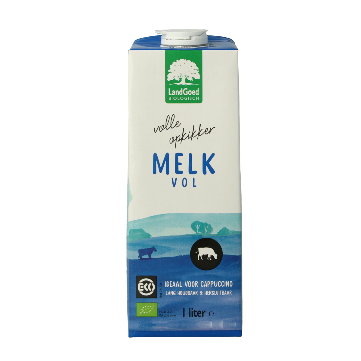 Glass of Landgoed full-fat organic milk in a 1-liter bottle, showcasing fresh, creamy milk from the Landgoed dairy brand.