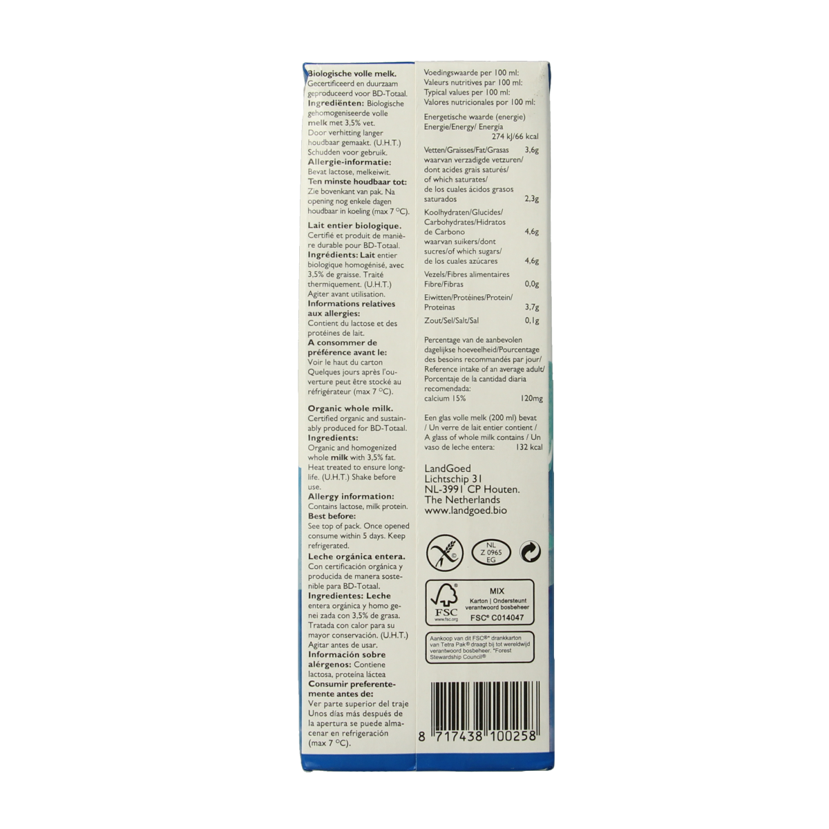 Glass bottle of Landgoed Volle Melk bio 1 liter, organic full milk, labeled with product branding and packaging details.