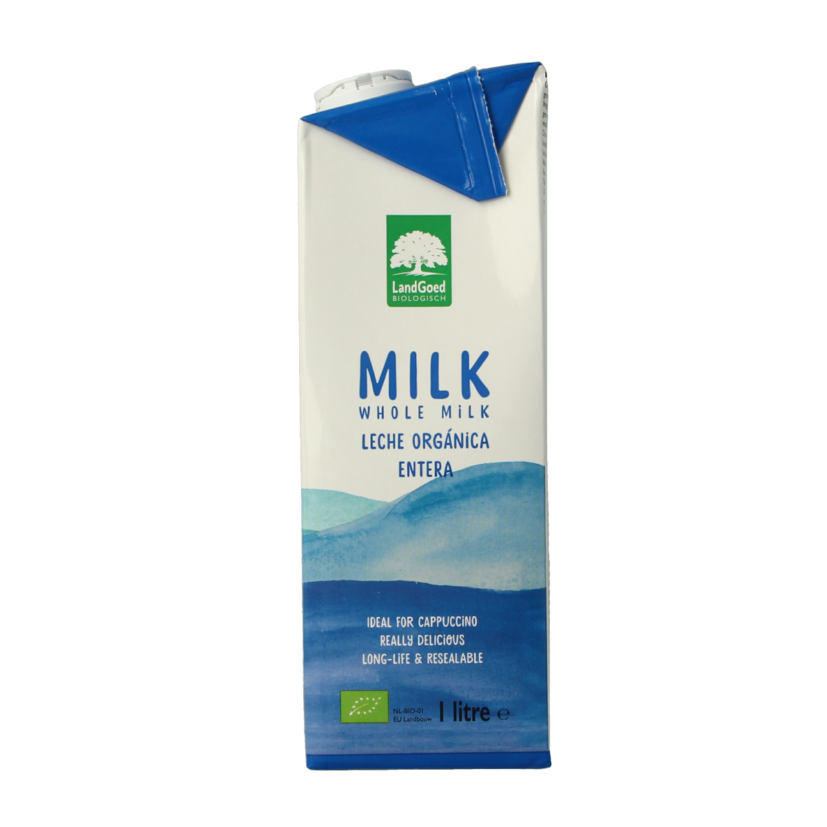 Organic Landgoed full milk in a 1-liter carton, showing the label and packaging for drinks and juices.