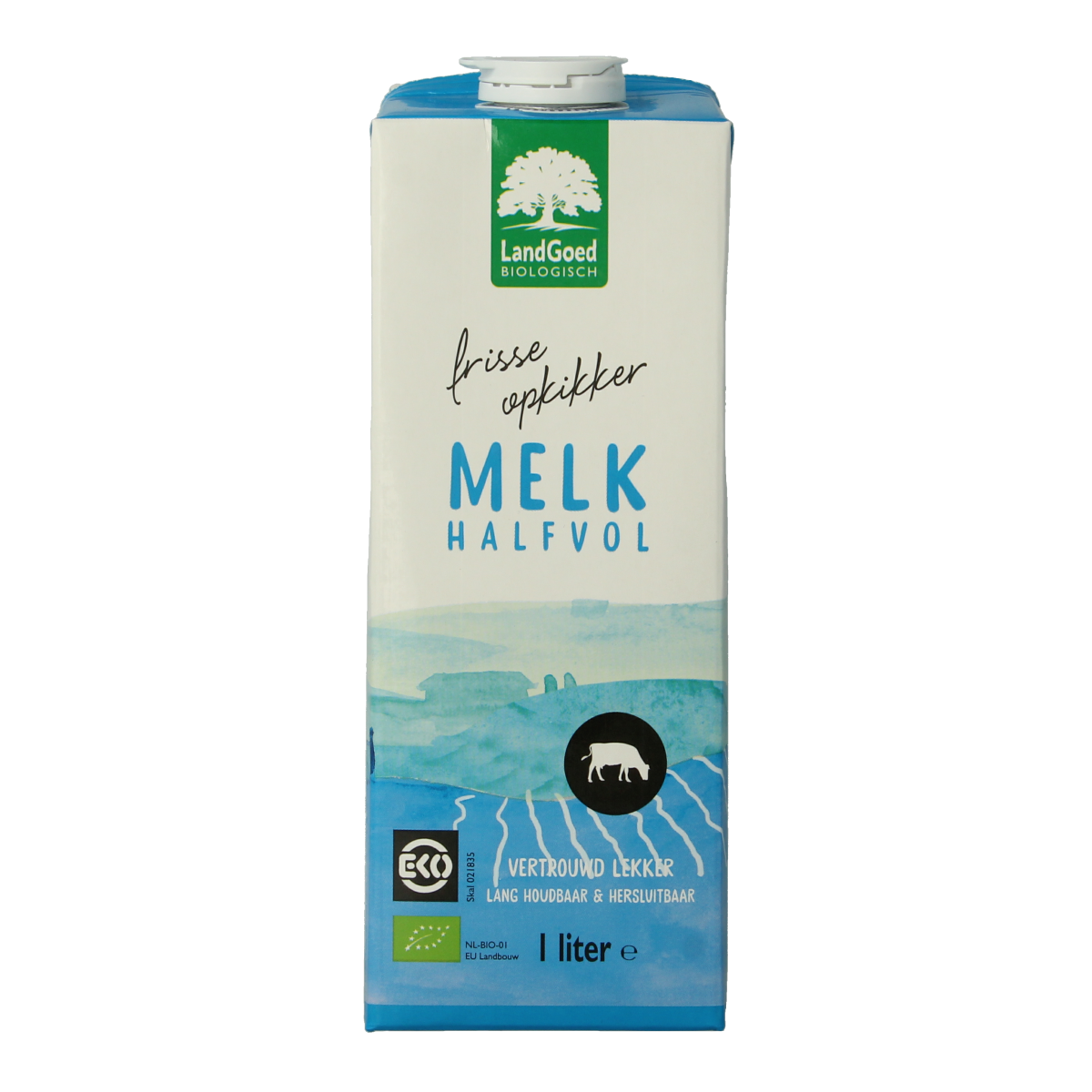 Landgoed halfvolle biologische melk in 1-liter carton, fresh dairy drink from Landgoed brand.