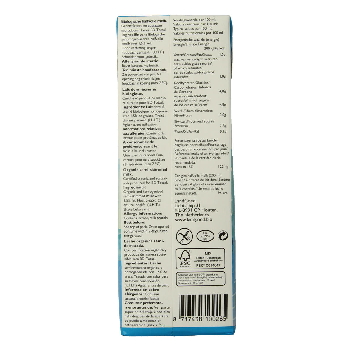 Organic Landgoed halfvolle melk in 1-liter carton, fresh and creamy Dutch milk for drinking and cooking.