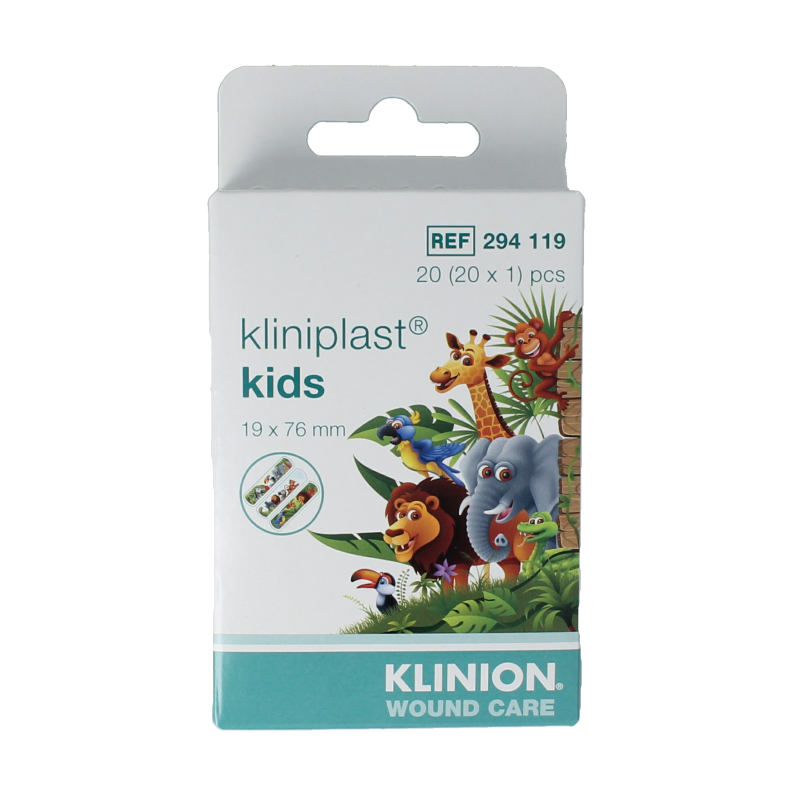 Kliniplast kids Garfield bandages with 20 adhesive plasters featuring colorful Garfield designs for children.