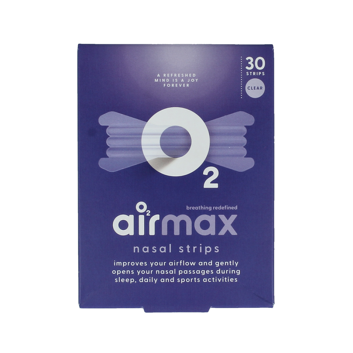 Clear Airmax nasal strips for nasal care, showing 30 strips in packaging, designed to improve airflow and breathing comfort.