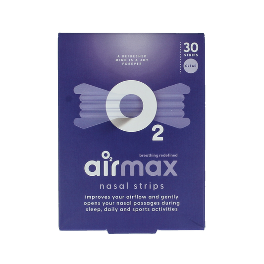 Clear Airmax nasal strips for nasal care, showing 30 strips in packaging, designed to improve airflow and breathing comfort.